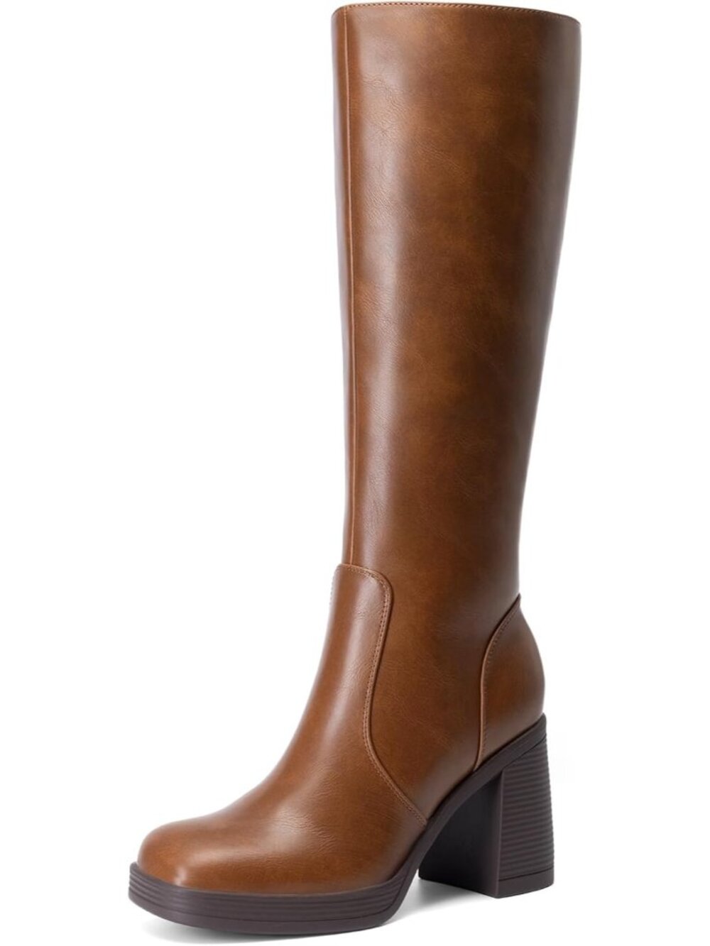 🆕Women's Brown Platform Knee High Boots Square Toe Chunky Block Heel Shoes